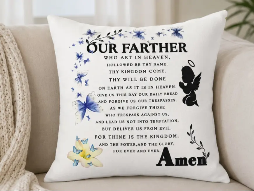 Our Father Prayer Decorative Pillow brings faith, comfort, and inspiration into any home. Featuring the timeless Lord's Prayer, this pillow is a soft and meaningful addition to any room. Made to inspire peace and remind you of God's love every day.