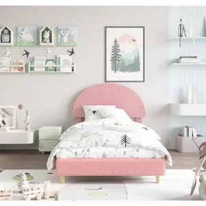 Garvee Twin Bed Frame with Headboard , Round Boucle Upholstery in Soft Pink & White. Includes Wood Slats, Easy Assembly, No Box Spring Required