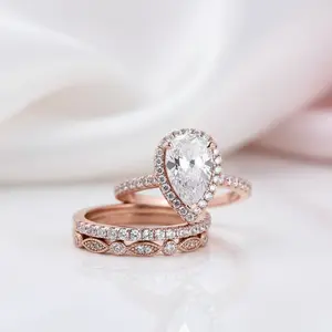 10k Rose Gold Halo Pear Cut Diamond Option 3pcs Wedding Ring Set