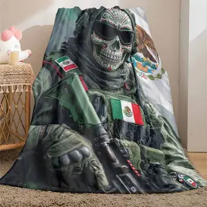 Tactical Flannel Skull Blanket - Mexican Flag Emblem, Ultra Soft Warm Lightweight, Mexican-Style Patriotic Motif Blanket, Decorative for Living Room, Unique Holiday Gift for Home Decor, Mexican-Style Blankets, Patriotic Motif Blankets