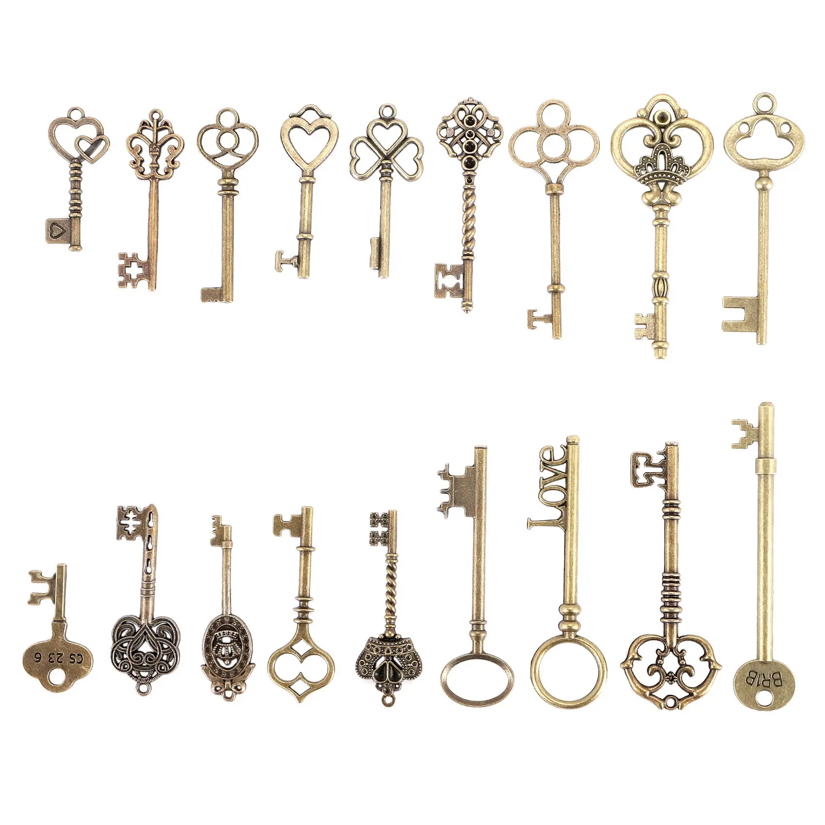 18-Piece Vintage Bronze Skeleton Key Pendants - Heart Bow Lock Design, 1 Size Unisex Sweater Chain Pendants for Hand Enthusiasts' DIY Home Decor, Jewelry Making Projects, One Size