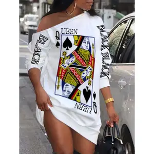 Slant Shoulder Queen Poker Print Dress - Long Sleeve Casual Dress For Fall & Spring - Women's Clothing -  For Women - Suitable for Casual Occasions - Perfect Gift for Fashionable Ladies Minimalist Short Basic Comfort Womenswear