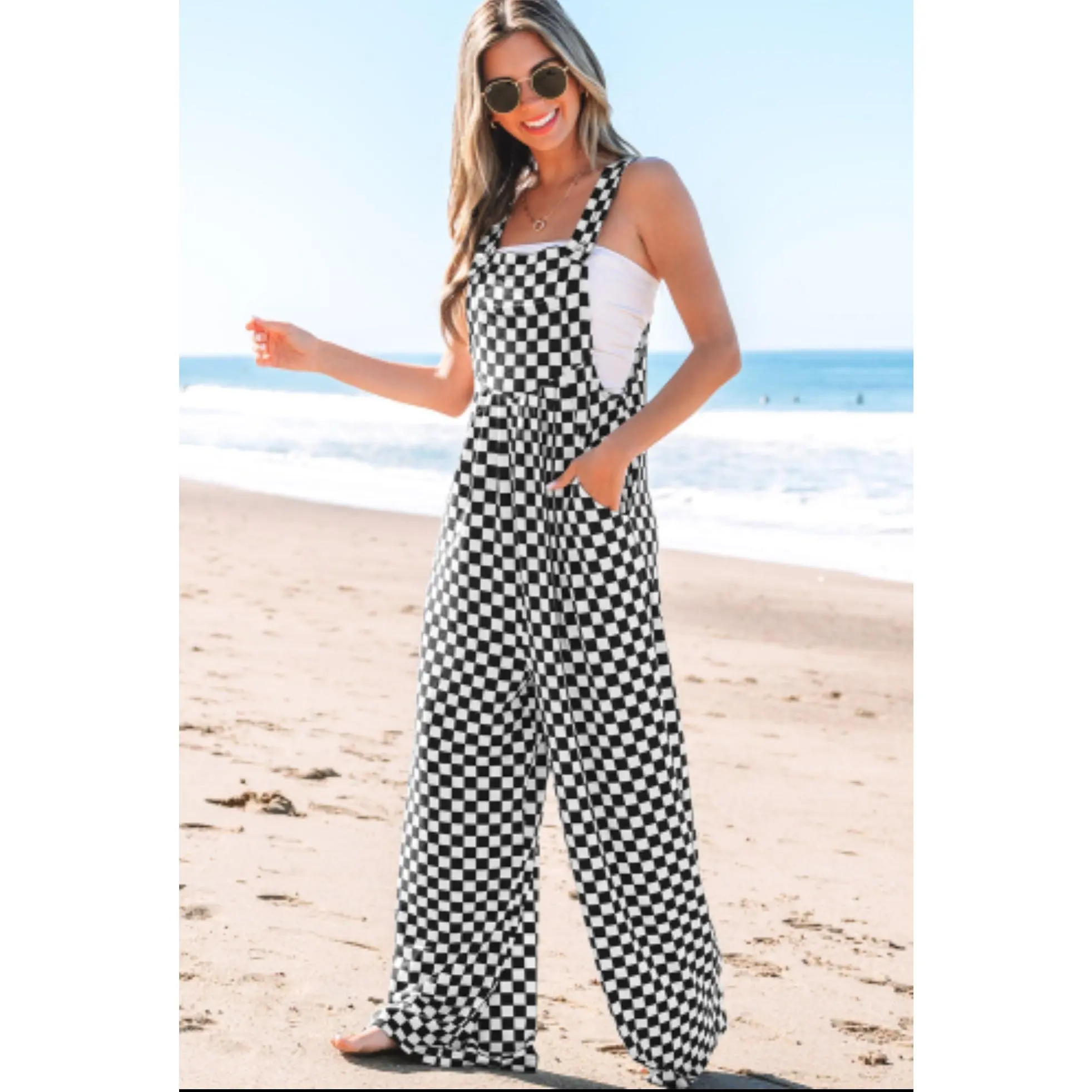 Black Checkered Print Pocketed Wide Leg Jumpsuit