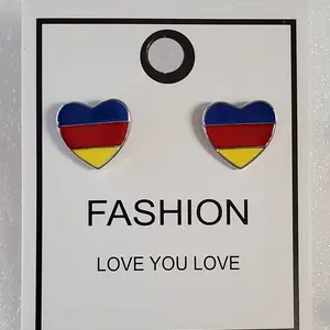 Heart Shape Earrings Blue Red Yellow Stud Post Fashion Flag Airline