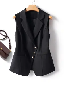 Women's Solid Lapel Neck Button Front Sleeveless Formal Vest, Elegant Fashion Casual Formal Wear Vest Coat for Work Office Business, Ladies Spring & Fall Clothes, Black