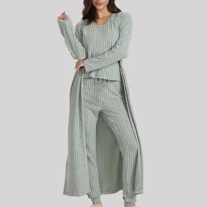 VRcomfy Women's 3 Piece Loungewear Set Knit Long-Sleeve Cardigan Cropped Top Loungewear Set