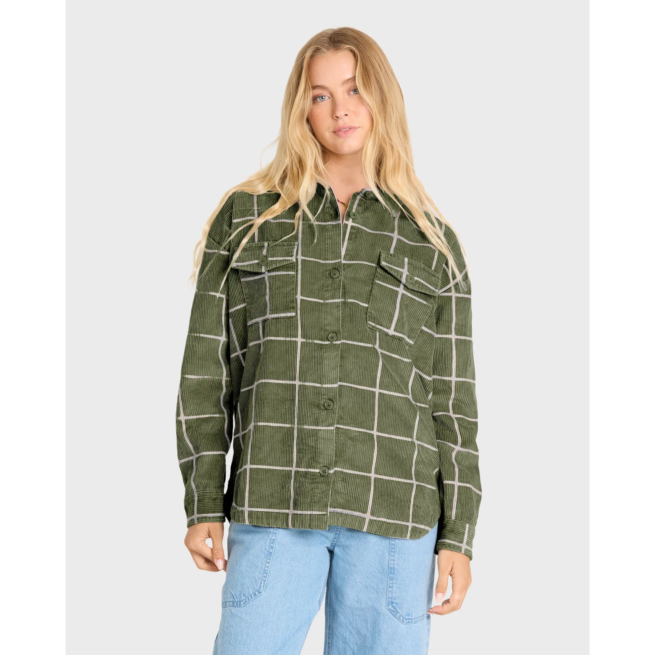 Fadeaway Long Sleeve Corduroy Shacket - Canteen