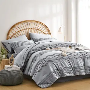 Grey Bohemian Geometric Tufted Comforter Set, All Season Microfiber Bedding Set(Queen)