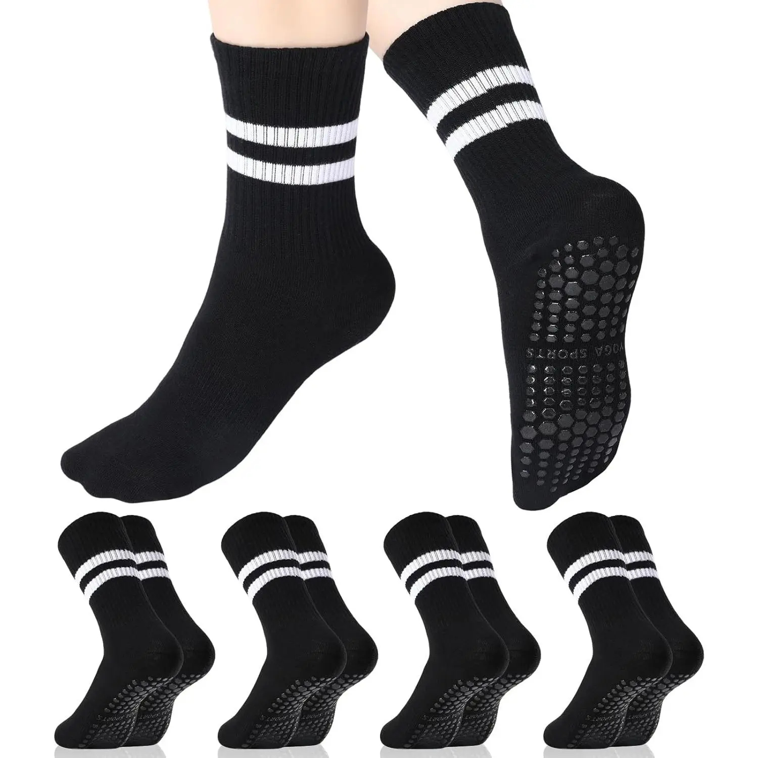 4 Pairs Pilates Grippy Socks for Women, Long Non Slip Yoga Socks with Grips Crew Socks for Pilates Barre Hospital