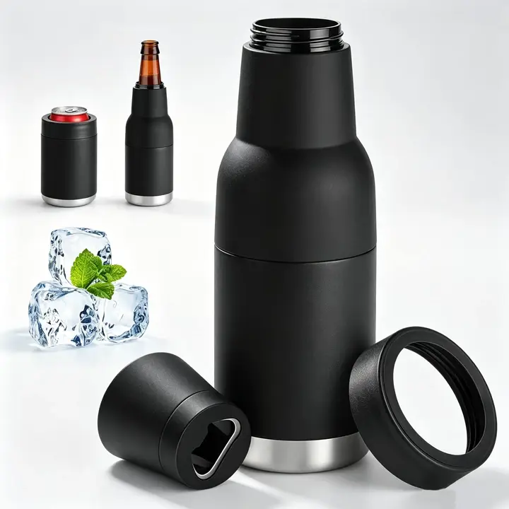 3-in-1 Double-Walled Stainless Steel Beer Cooler - Vacuum Insulated Holder for 12oz Bottles and Cans, Built-in Opener, Keeps Drinks Ice-Cold for Hours, Ideal for Camping, Fishing, and Outdoor Adventures, Durable and Portable Design