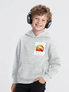 Boys' Spring & Fall Casual Trendy Letter Basketball Pattern Hooded Long Sleeve Sweatshirt, Comfortable Versatile Pullover, Youth Size