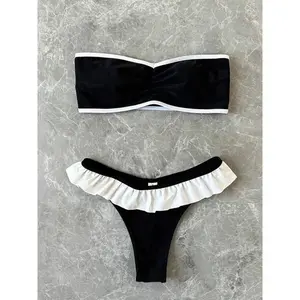 Women's Strapless Swimsuit 2-piece Suit Solid Color Patchwork Push Up Ruffle Thong Beach Hot Spring Bikini Set New Swimwear bandeau  bathing  top