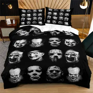 Horror Movie Villain All-star Black-white Print Duvet Cover Set, Includes a Quilt Cover and Pillowcases without Cores, Terror Villain Group Comforter Cover, Uniquely Designed Bedding for Diablo Players