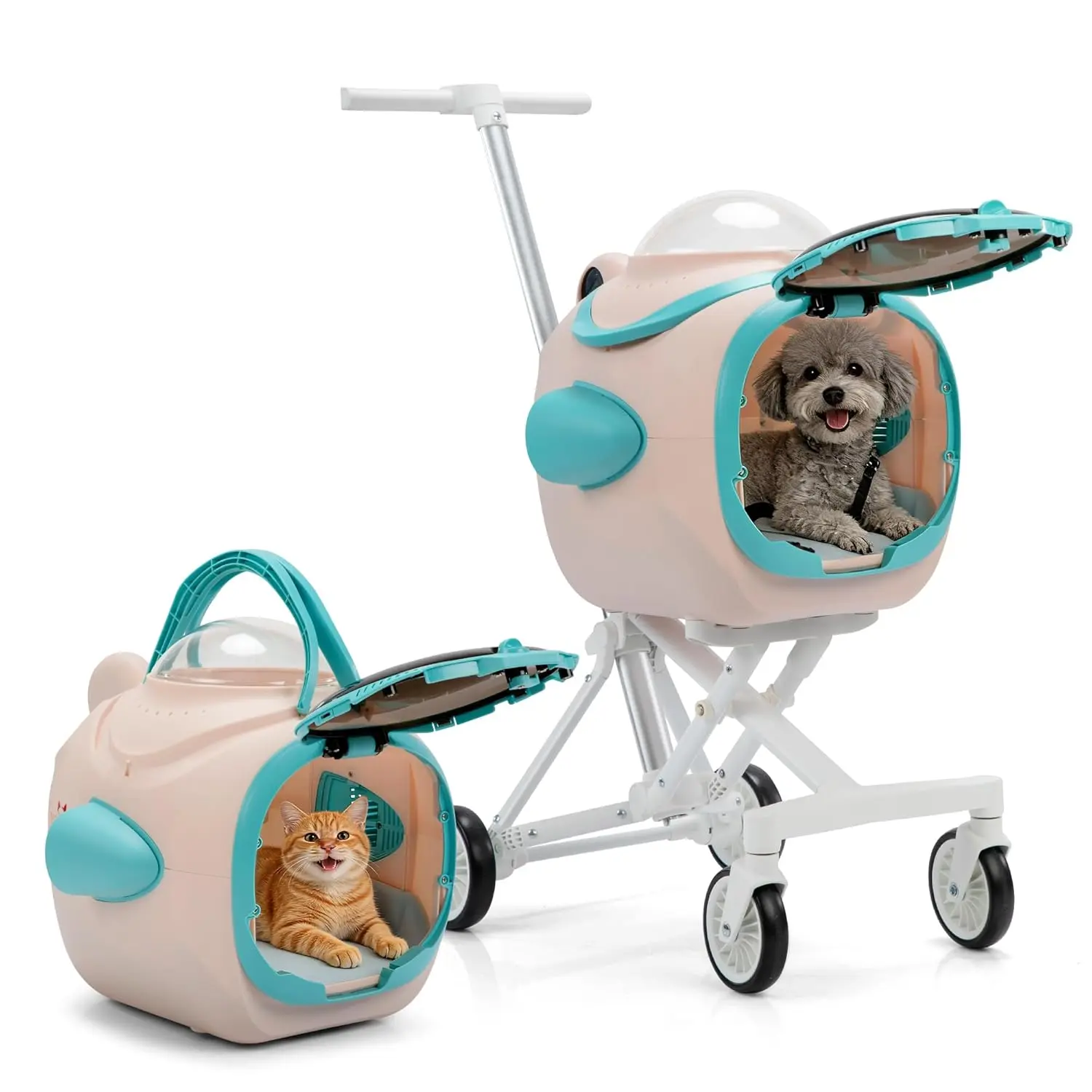 Pet Stroller for Small & Medium Dogs & Cats, Foldable 4-Wheel Carrier with Temperature Display, Ventilation Fan, Anti-Irritation Privacy Barrier, Night Light, Detachable Car Seat (Pet Supplies, Travel Accessories)