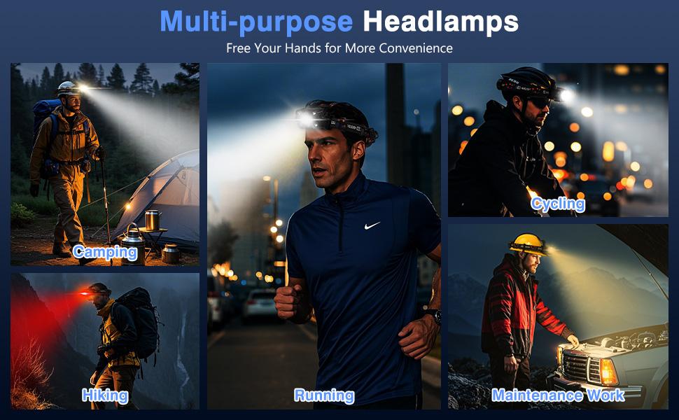 MoKo Rechargeable Headlamp, 3-in-1 2500 High Lumens Head Lamp with 9 LED, 13 Modes IP44 Waterproof LED Headlamp with 3 Color Temps, Running Headlight for Camping, Cycling, Hiking, Fishing, Black Adjustable Flashlight Portable Flashlight