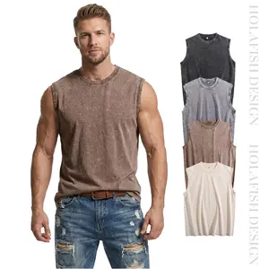 Holafish Men Acid Washed Oversized Tank Top Vintage Cotton Sleeveless Crewneck