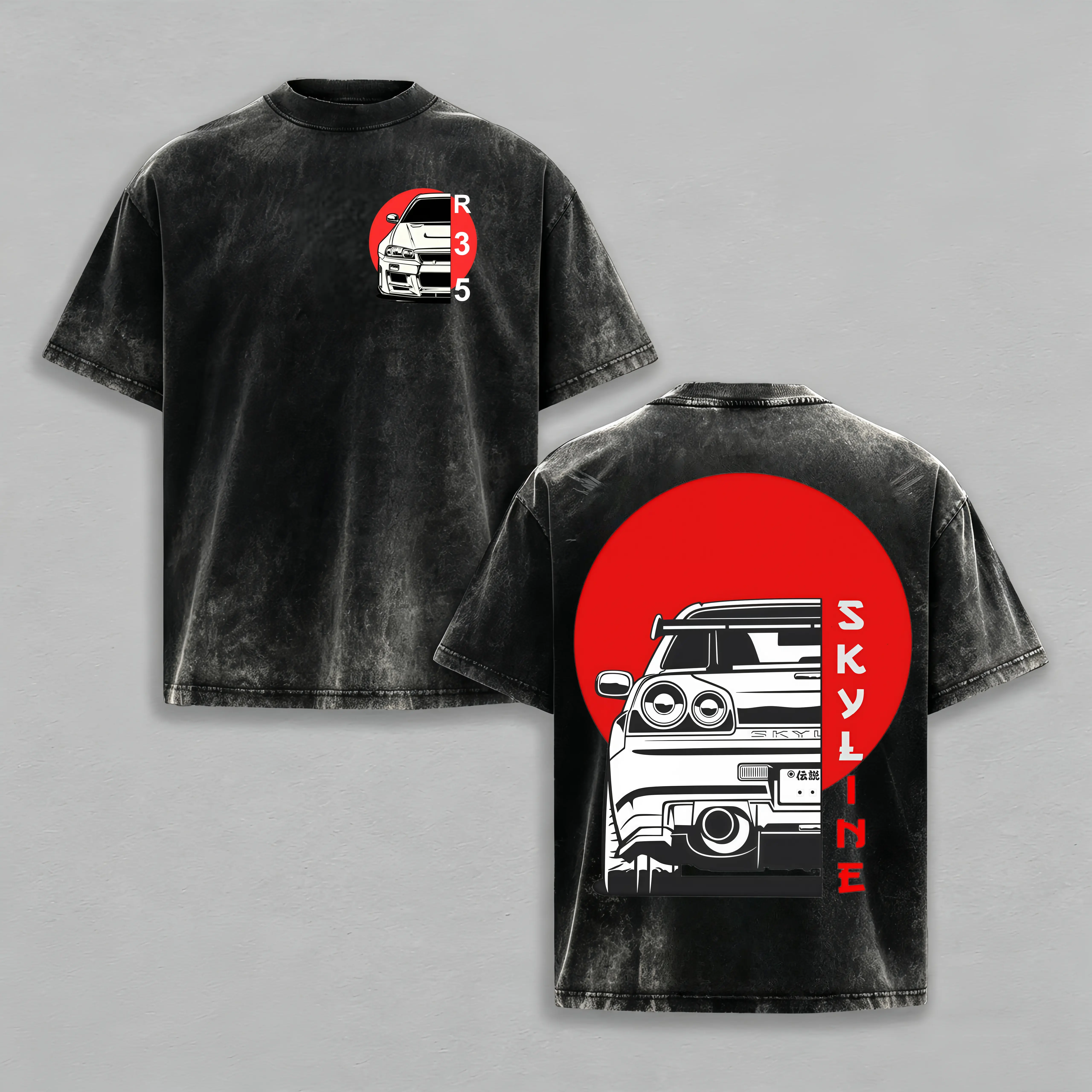 Vintage Washed Skyline GTR R35 T Shirt, Double Sided JDM Car Graphic Oversized Tee, Japanese Racing Automotive Streetwear Gift for Car Guys, Soft Casual Cotton Top