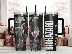 Resident Evil 9 Requiem 40oz Tumbler with Handle | Leon Kennedy Biohazard Insulated Travel Mug with Straw | Survival Horror Gamer Fan Gift Idea
