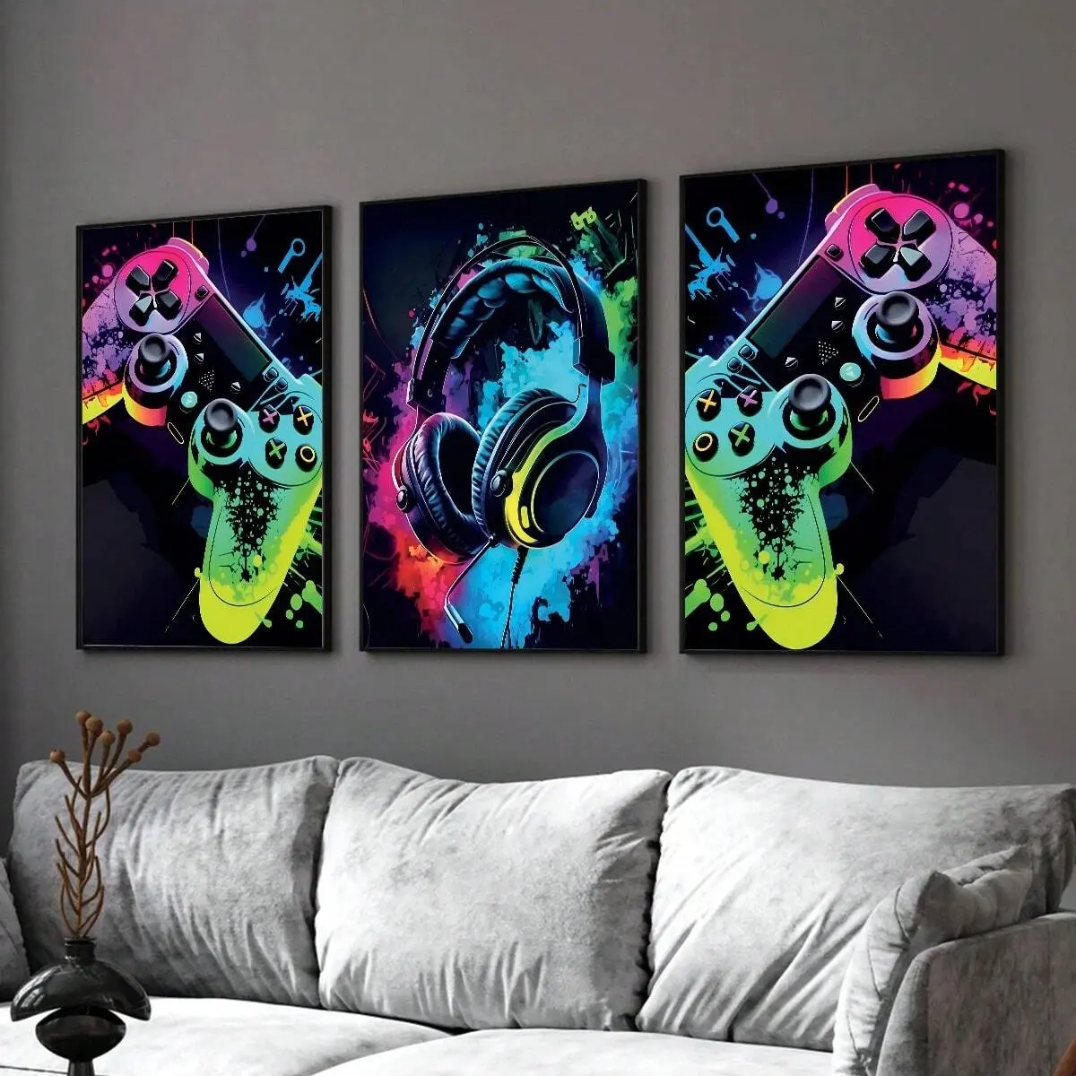 3pc 2D Flat Canvas Poster, Gamer's Dream Canvas Art Set - Colorful Headphone & Game Controller Prints, Frameless Wall Decor, Unframed Wall Art, Vintage Posters Home Decor, Decorative Artwork