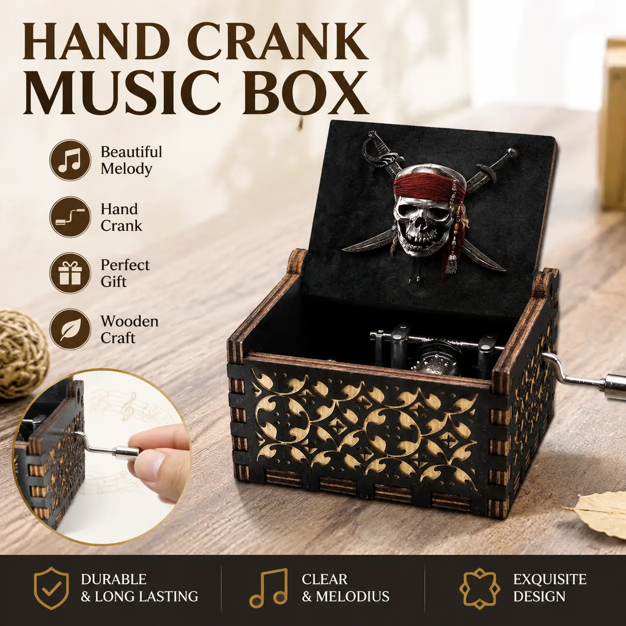 Pirates of the Caribbean Manual Hand Crank Music Box - 6.5×5×4.2 cm Vintage Lightweight Retro Wooden Engraved Mini Box with Metal Skull Pirate Pattern, Holiday Christmas Decor, Birthday Gift for Movie Fans