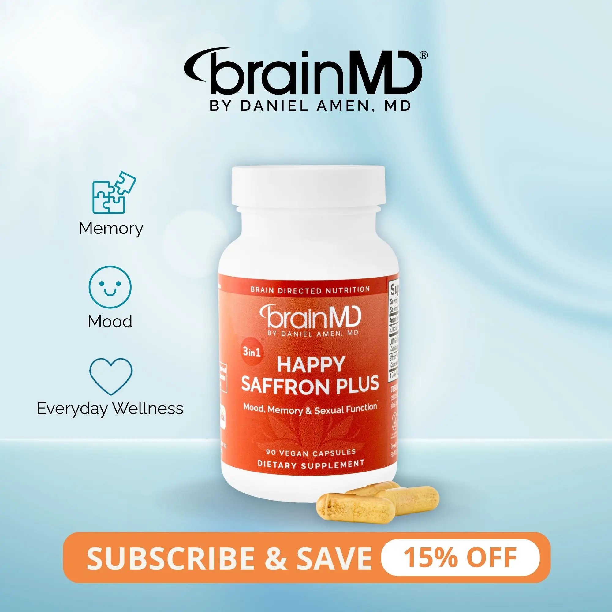 Happy Saffron Plus | BrainMD | 90 Capsules | Powerful 3 in 1 Mood & Stress Support | Memory & Focus Support | Affron Saffron Extract with Curcumin & Zinc