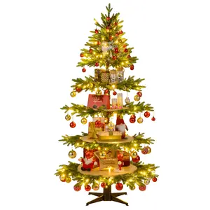 COSTWAY - 6.4 FT Rotating Christmas Tree 4-Tier Artificial Xmas Tree with 280 Branch Tips and 220 LED Lights