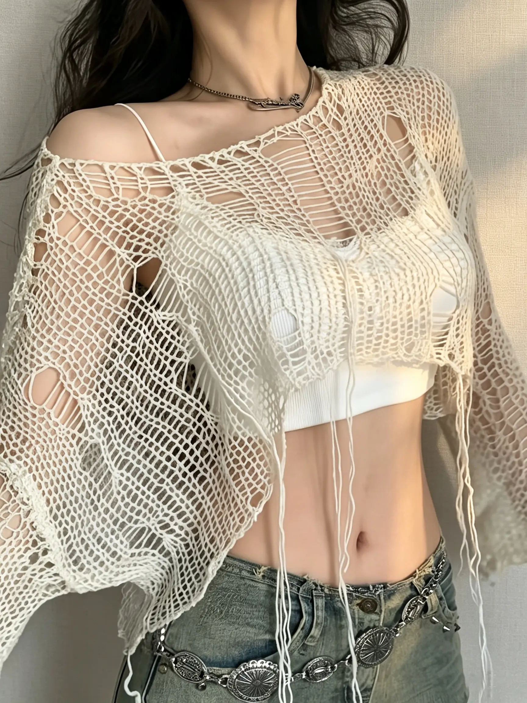Solid color hollow-out music festival bohemian style girl versatile Korean American style hollow-out see-through loose hot girl lazy distressed knitted cover-up