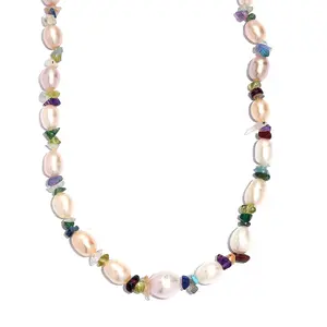 Multi Color Freshwater Pearl and Multi Gemstone 10 ctw Necklace in Rhodium Over Sterling Silver 18 Inches Christmas Gifts Multi Color Freshwater Pearl and Multi Gemstone 10 ctw Necklace in Rhodium Over Sterling Silver 18 Inches Christmas Gifts