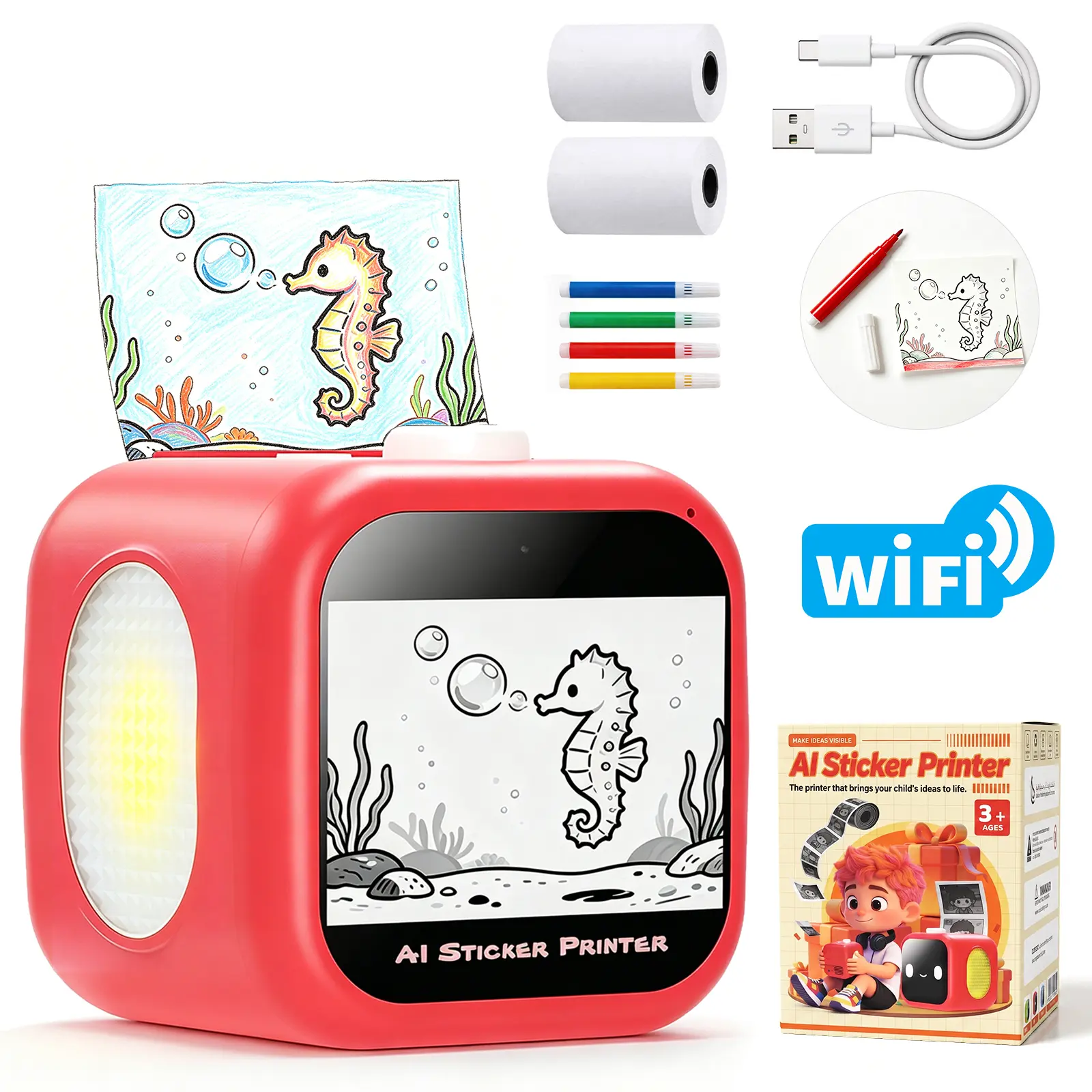 FUNNYPANDA Voice-Powered Inkless Label Printer for Kids - Portable Thermal Mini Sticker Box, Screen-Free, No App Needed, COPPA-Compliant Kid-Safe AI Tool, Prints Instantly, 2 Paper Rolls Ready, 4 Colored Pencils, Power Adapter, Ages 3+ Creative Gift