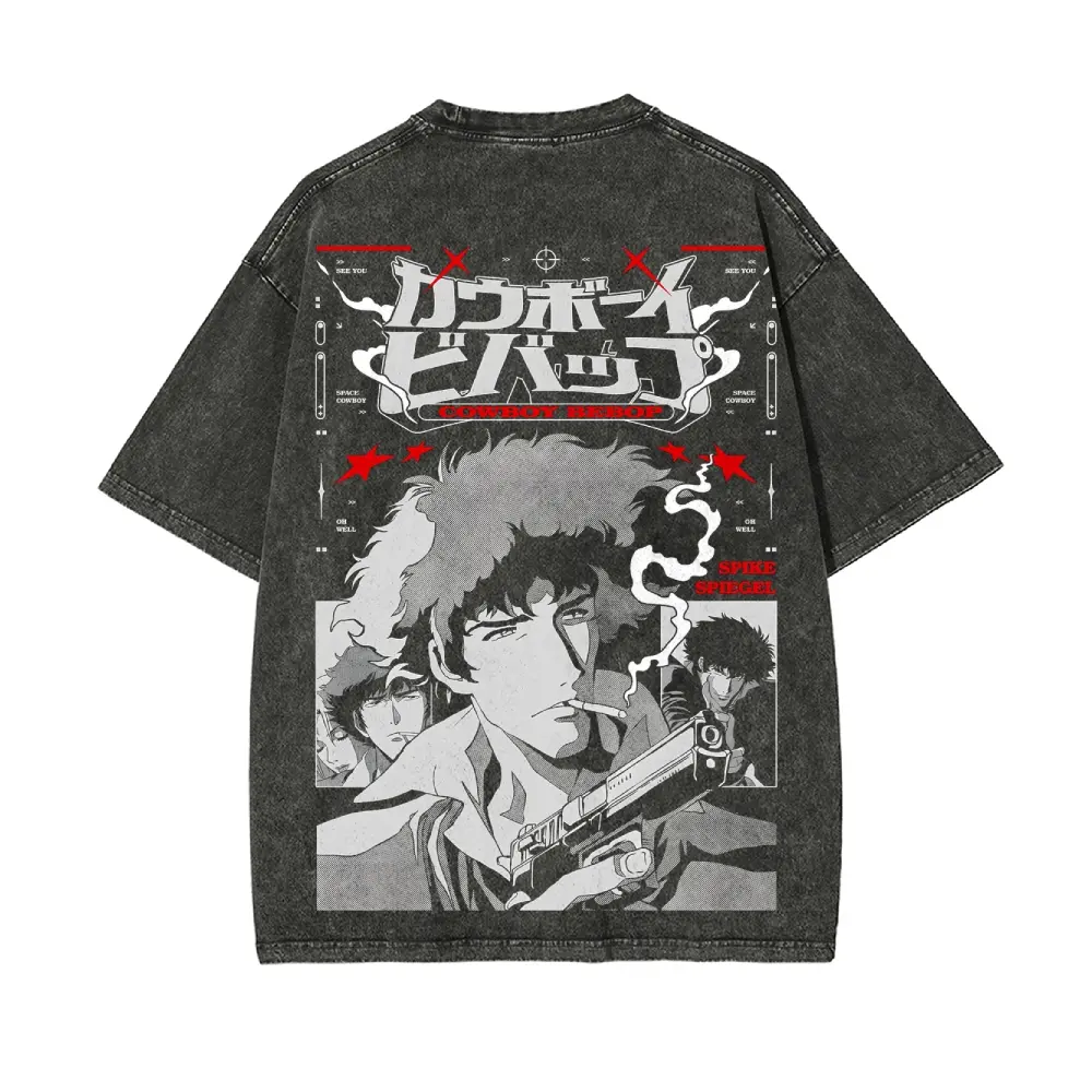 Men's Cowboy Bebop Spike Spiegel Anime Short-Sleeve Round Neck Menswear T-Shirt - Vintage Washed Heavyweight Cotton Fabric, Retro Streetwear Fashion Casual Daily Fan Gift, Shortsleeve, Top