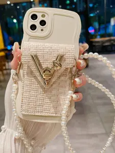 Full Protective Cover Phone Case with Card Holder Slot and Elegant Pearl Lanyard for iPhone 11/12/13/14/15 Pro/Pro Max - Creative and Minimalist  Accessories, Handheld