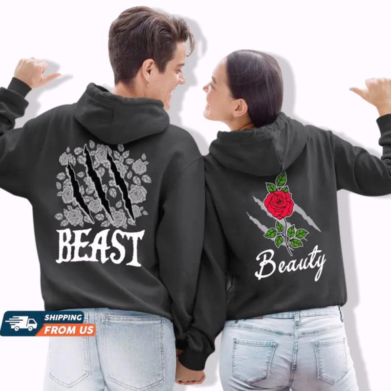 Beauty And The Beast Matching Couple Graphic Hoodie Casual Streetwear Fleece Fabric Pullover Hooded Sweatshirt Trendy Tops for Women for Men Perfect Valentine’s & Anniversary Gift