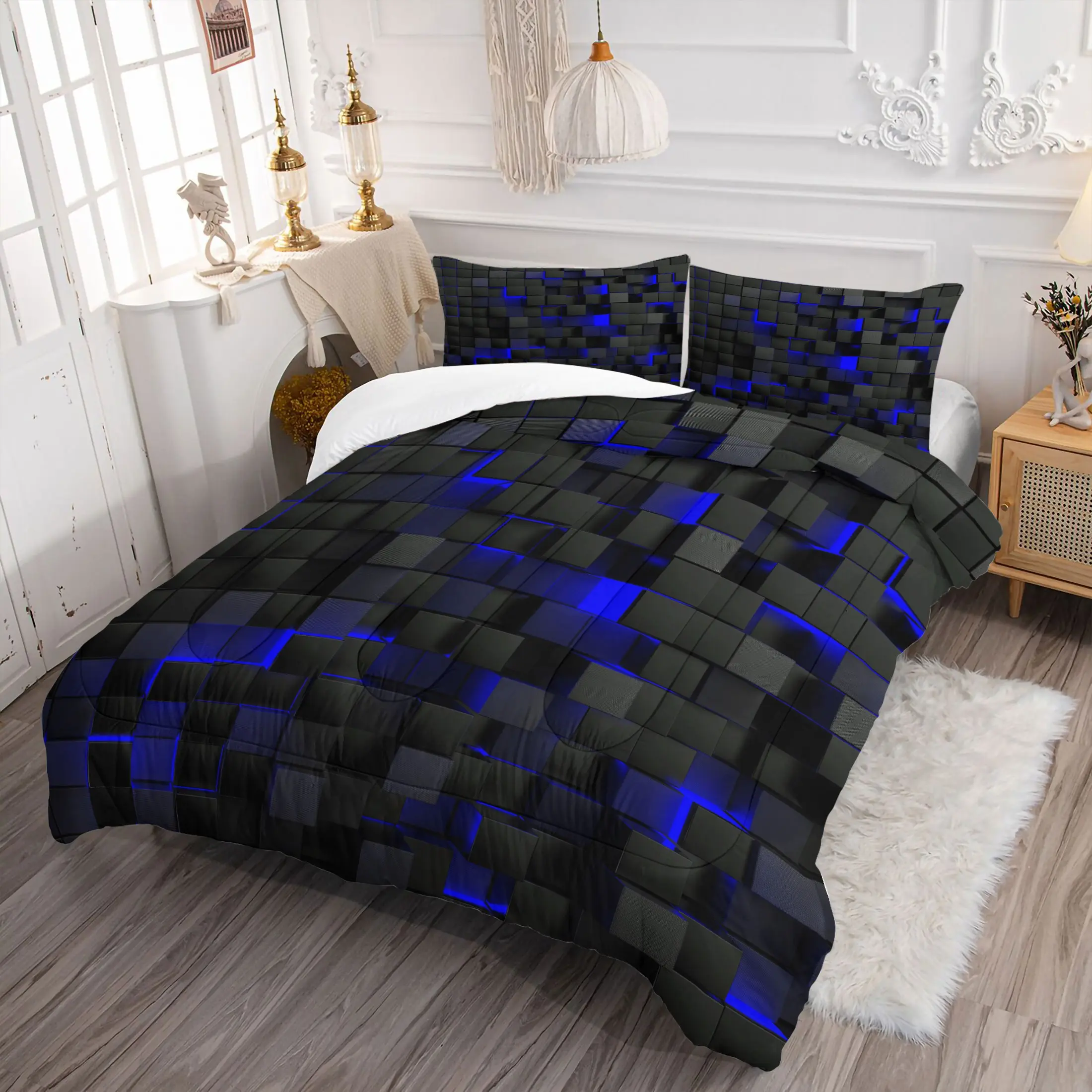 3D Black Blue Comforter Sets, Comfy Bedding Set, Printed Bedding Set, Includes 1 Comforter & 1-2 Pillowcases, Cyberpunk Gamer Print Bedding Sets, Soft Breathable Bedding for Gamer Bedroom, Man Cave & Dorm Decor, Gift for Gaming Fans & Teen Boys