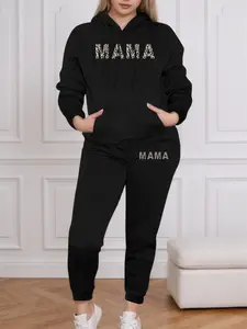 Women's Plus Size Fitted Hooded Sweatshirt Set, Mama Leopard Print Letter Print, Fashion Casual Streetwear Long Sleeve Top and Pants Two-Piece Outfit