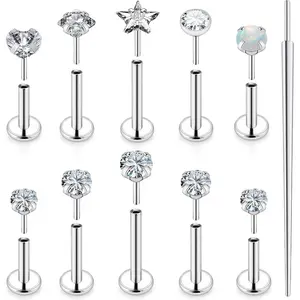 20G 18G 16G Push in Theadless Nose Rings Studs Hypoallergenic Lip Labret Jewelry Flat Back Nose Stud Stainless Steel Cartilage Helix Tragus Earrings for Women Men 6mm 7mm 8mm Bars Diamond 3mm
