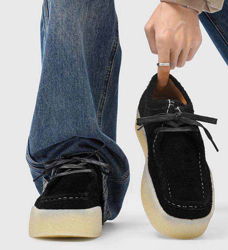 Men's Platform Moccasins Suede Black Height Increase Cream Sole Casual Shoes