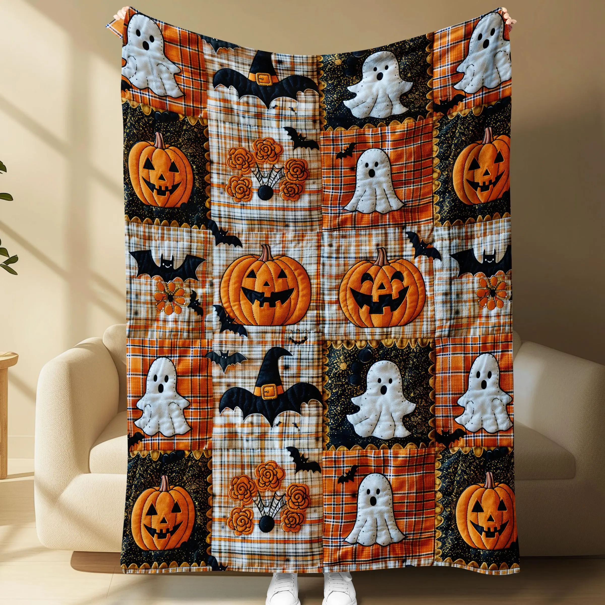 Cute Halloween Pumpkin Ghost Bat Plaid Patchwork Flannel Blanket Soft Warm Throw Blanket, Decorative Couch Bedroom Nap Blanket, Giftable Plush Comfortable Fall Autumn Home Blanket For Holiday All Seasons