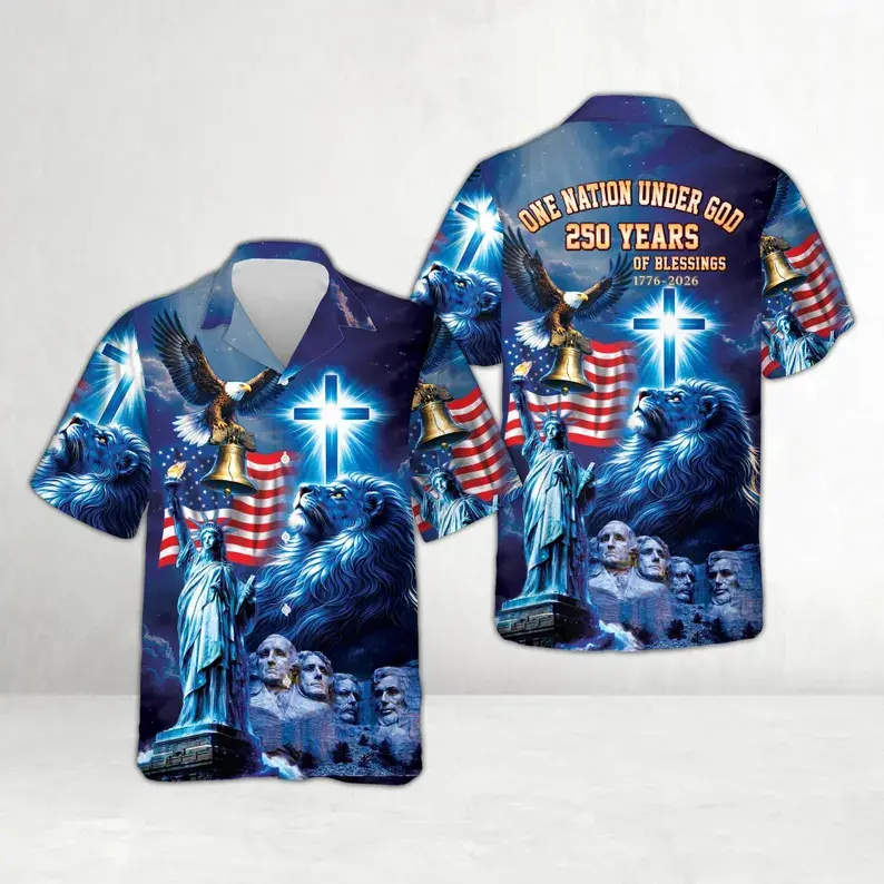 Delivered after July 4th-USA 250 Years Patriotic Hawaiian Shirt 1776–2026, Christian Faith and Freedom Shirt, One Nation Under God, Eagle Cross USA Flag Shirt