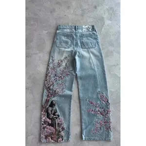 MenWomenCherryBlossomKnightAllEmbroideryDenimPantsY2kVintageBaggyStreetStraightJeansHighWaistedWashedBlueJean Menswear