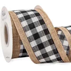 Christmas Burlap Wired Ribbon, Buffalo Plaid with Burlap 2-1/2 Inch x Continuous 10 Yard, Christmas Ribbon for Tree,  Wrapping, Big Bow, Wreath-Black/White/