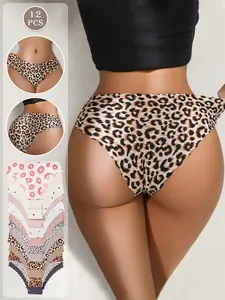 12-pack women's underwear, low-waist triangle pants with wavy edges, leopard print with cherry lips pattern and various solid colors, soft and comfortable, suitable for year-round daily work, leisure, and sports wear., Elegant Soft Panties