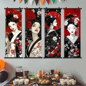 Geisha Pattern Hanging Poster, 4 Counts/set Japanese Style Wall Decor, Wall Art for Home Living Room Bedroom, Home Decor