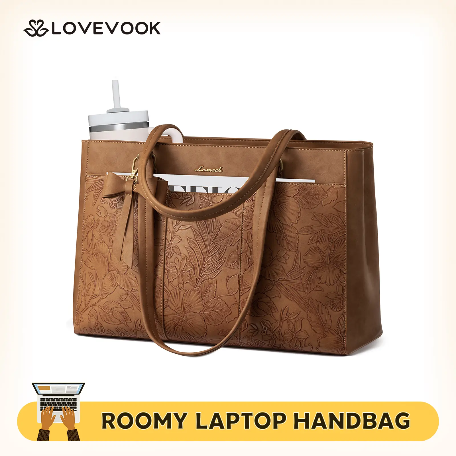 LOVEVOOK Laptop Tote Bag for Women,15.6 Inch Work Bags PU Leather Teacher Tote Bag,Waterproof Quilted Computer Bag for Office Professional Briefcase Gifts