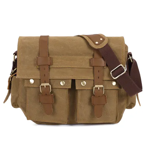 KAUKKO Lightweight Soft Washed Canvas Handbag Messenger Bag - Men's Vintage Rugged Flat Sling Crossbody Bag, Double Handle, Brass Accents, Multiple Pockets, Casual Military Everyday Satchel