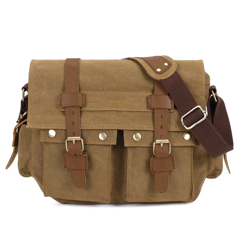 KAUKKO Lightweight Soft Washed Canvas Handbag Messenger Bag - Men's Vintage Rugged Flat Sling Crossbody Bag, Double Handle, Brass Accents, Multiple Pockets, Casual Military Everyday Satchel