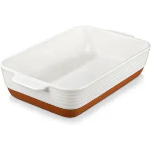 4.8 Qt Ceramic Casserole & Lasagna Pan, 9x13 Inch Deep Rectangular Oven Safe Baking Dish with Handles for Baking, Roasting, Serving (Khaki & White) - Series Tara