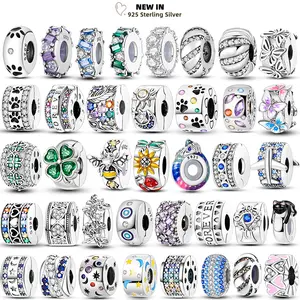 Silver Clasp 925 Silver SiliconeSpacer Pave Round Clip Charms Clover Star Beads Fixed Safety Chain Fit Original Bracelet Jewelry