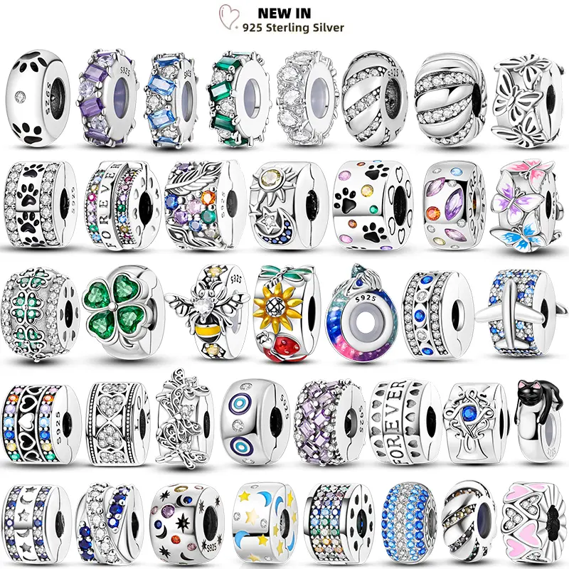 Silver Clasp 925 Silver SiliconeSpacer Pave Round Clip Charms Clover Star Beads Fixed Safety Chain Fit Original Bracelet Jewelry