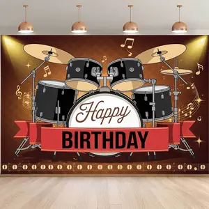 2D Flat Banner, 1pc Background Banner Cool Drum Set Birthday Theme Pattern Fabric for Photo Party Supplies, Event Decorations, Studio Props Backdrop Suitable for Outdoor Indoor Living Room Home Decoration, 2D Flat