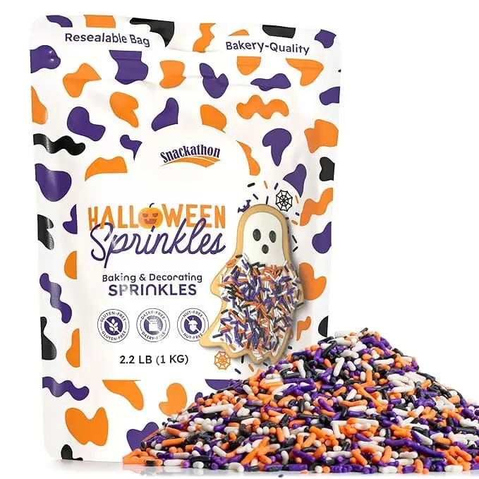 Snackathon Sprinkles for Baking & Decorating, Halloween Sprinkles, Spooky Jimmies in Resealable Pouch – Orange, Black, Purple & White Colors for Cupcakes, Cookies, and Treats